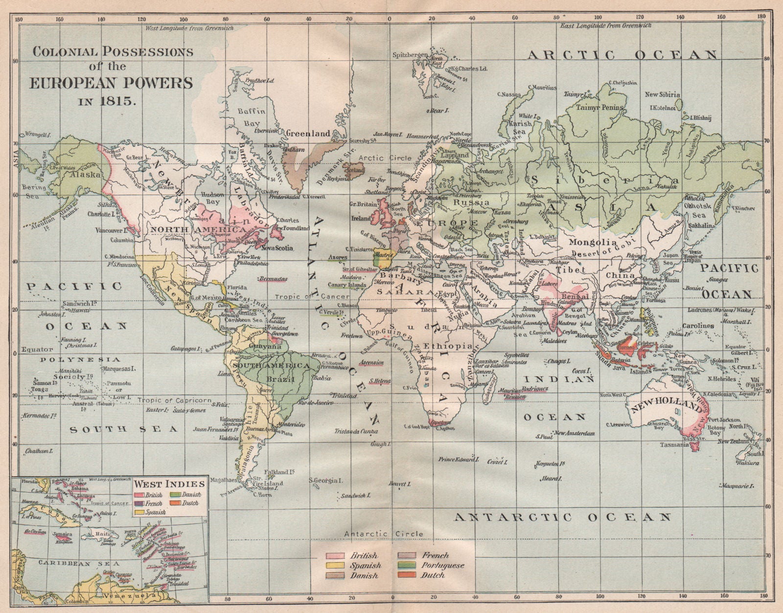 EUROPEAN POWERS' COLONIES IN 1815. British Spanish Portuguese Dutch 1917 map